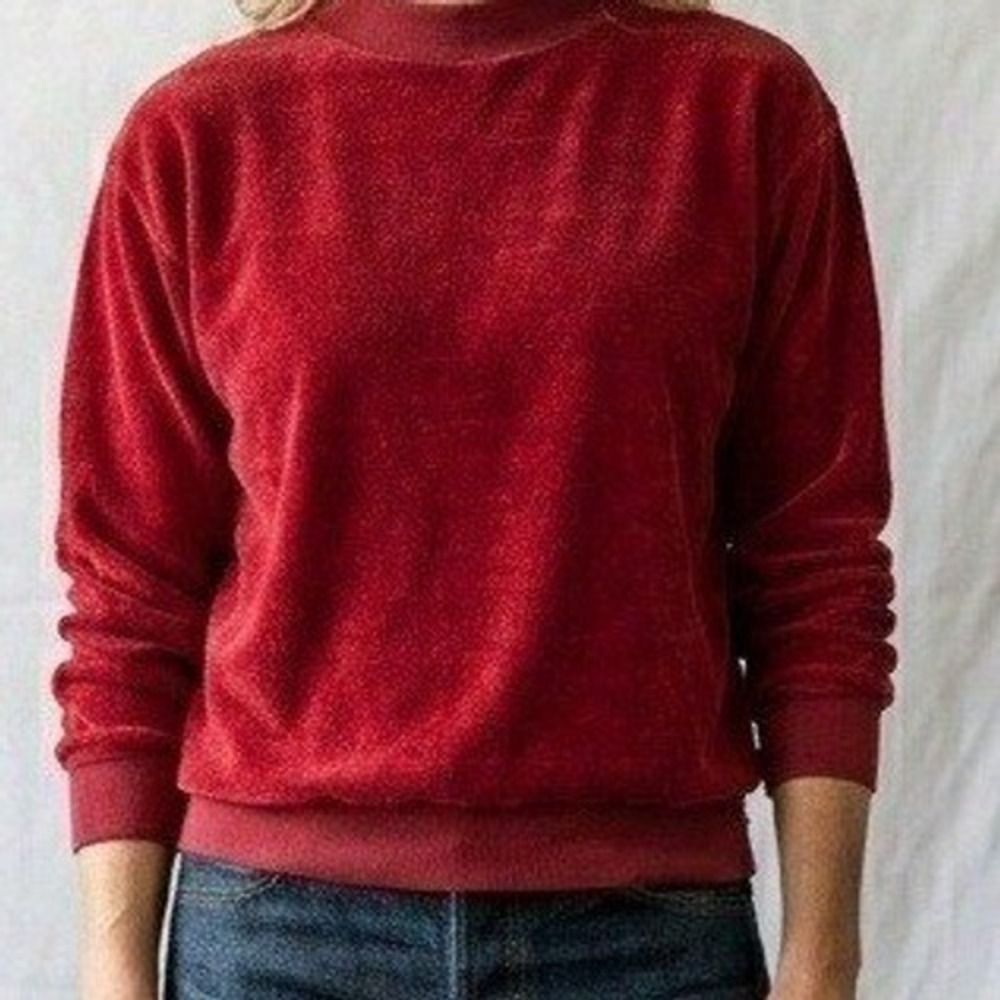 Vintage Red Velour Pullover Sweatshirt Mock Neck 100 Cotton Size M Retro Flawed